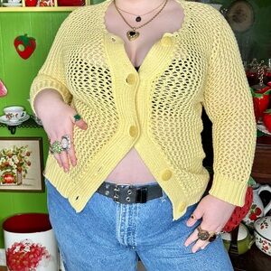 Vintage Spring Boho Grunge Fairycore Sheer Pastel Yellow Crochet Knit Cardigan